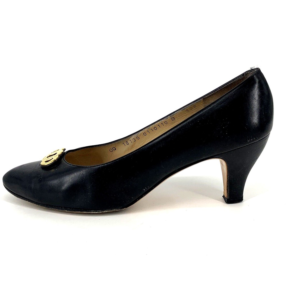 Salvatore Ferragamo Women Matita Black Leather Heel Gold Metal Logo Ring 10 B - Picture 14 of 16